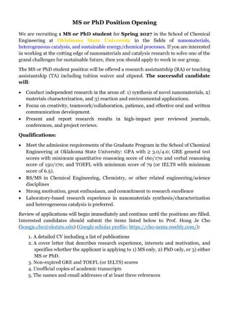 MS or Ph.D. position announcement from Professor Hong Je Cho.