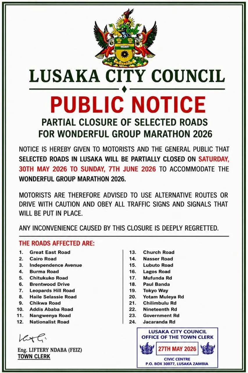 Lusaka City Council Announces Partial Road Closures Ahead of Wonderful Group Marathon 2026