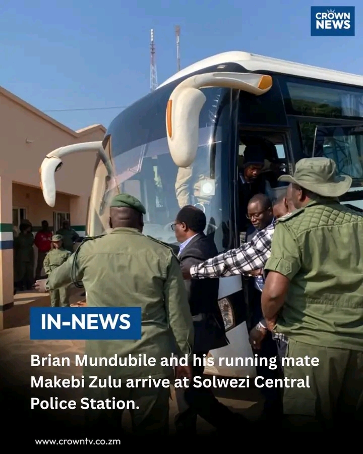 Brian Mundubile and his running mate Makebi Zulu have arrived at Solwezi Central Police Station.