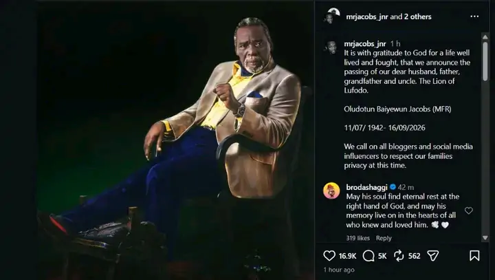 Nollywood Legend Olu Jacobs Dies at 84: Family Confirms Passing of ‘The Lion of Lufodo’