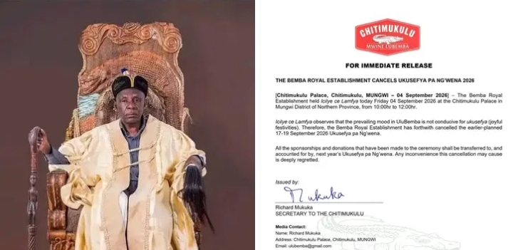 Bemba Royal Establishment cancels this year’s Ukusefya Pa Ng’wena Traditional Ceremony